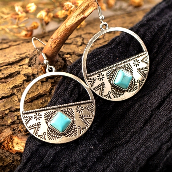 Boho Festival Folk Round Drop Turquoise Earrings - Picture 1 of 10